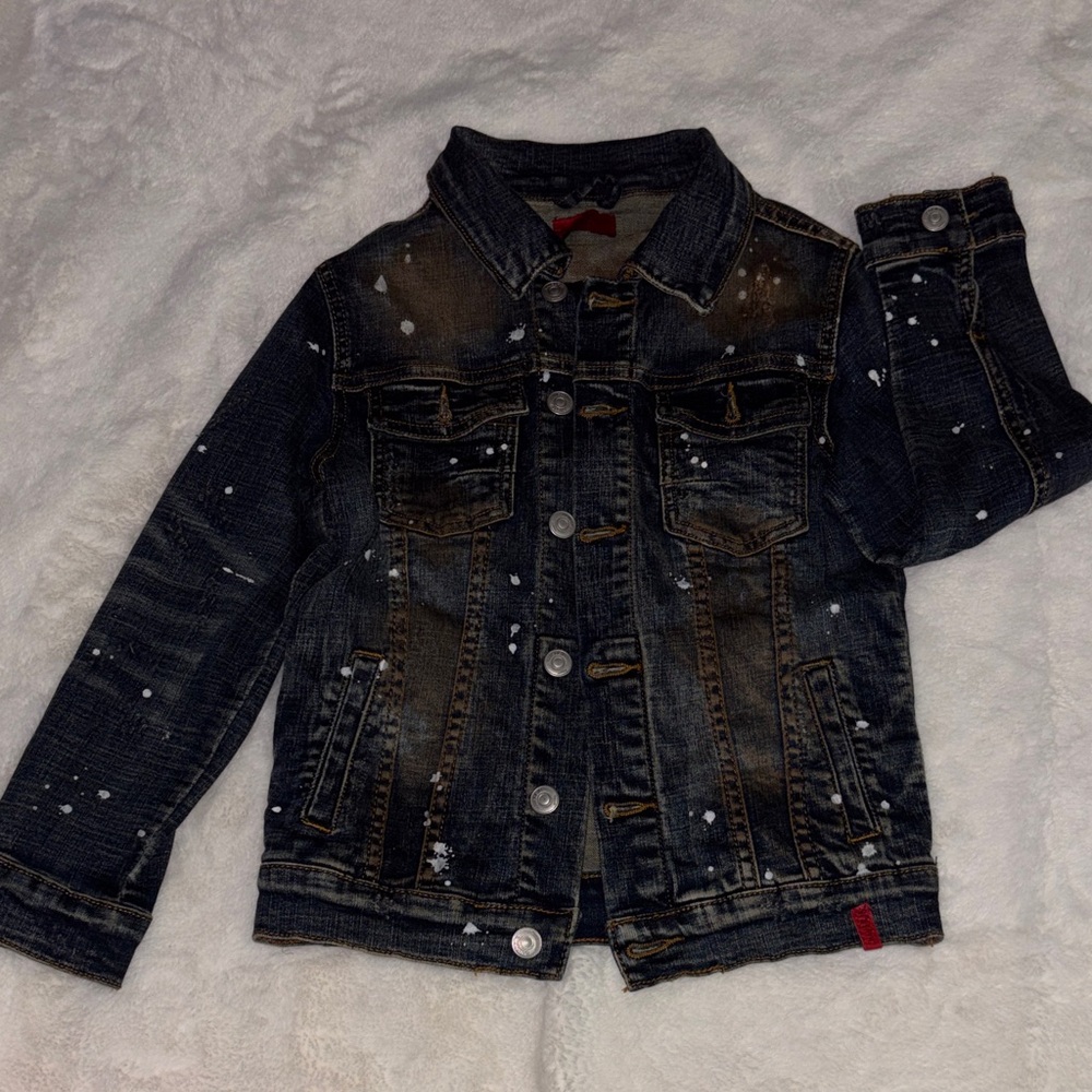Kids Dark Wash Denim Jacket with Paint Splatter